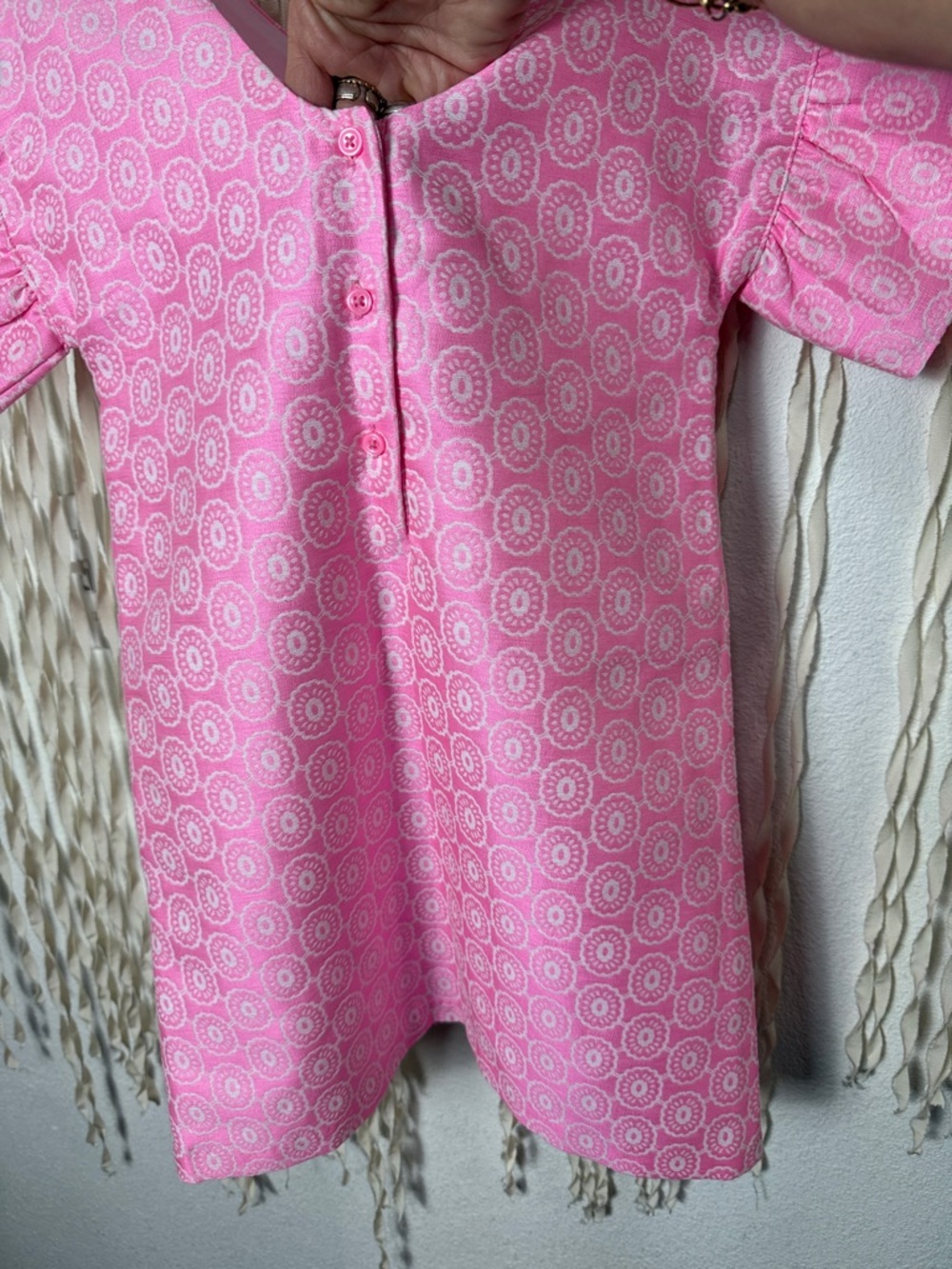 Janie and Jack Pink White Jacquard Shift Dress with Ruffle Sleeve Size 8 - Picture 4 of 10